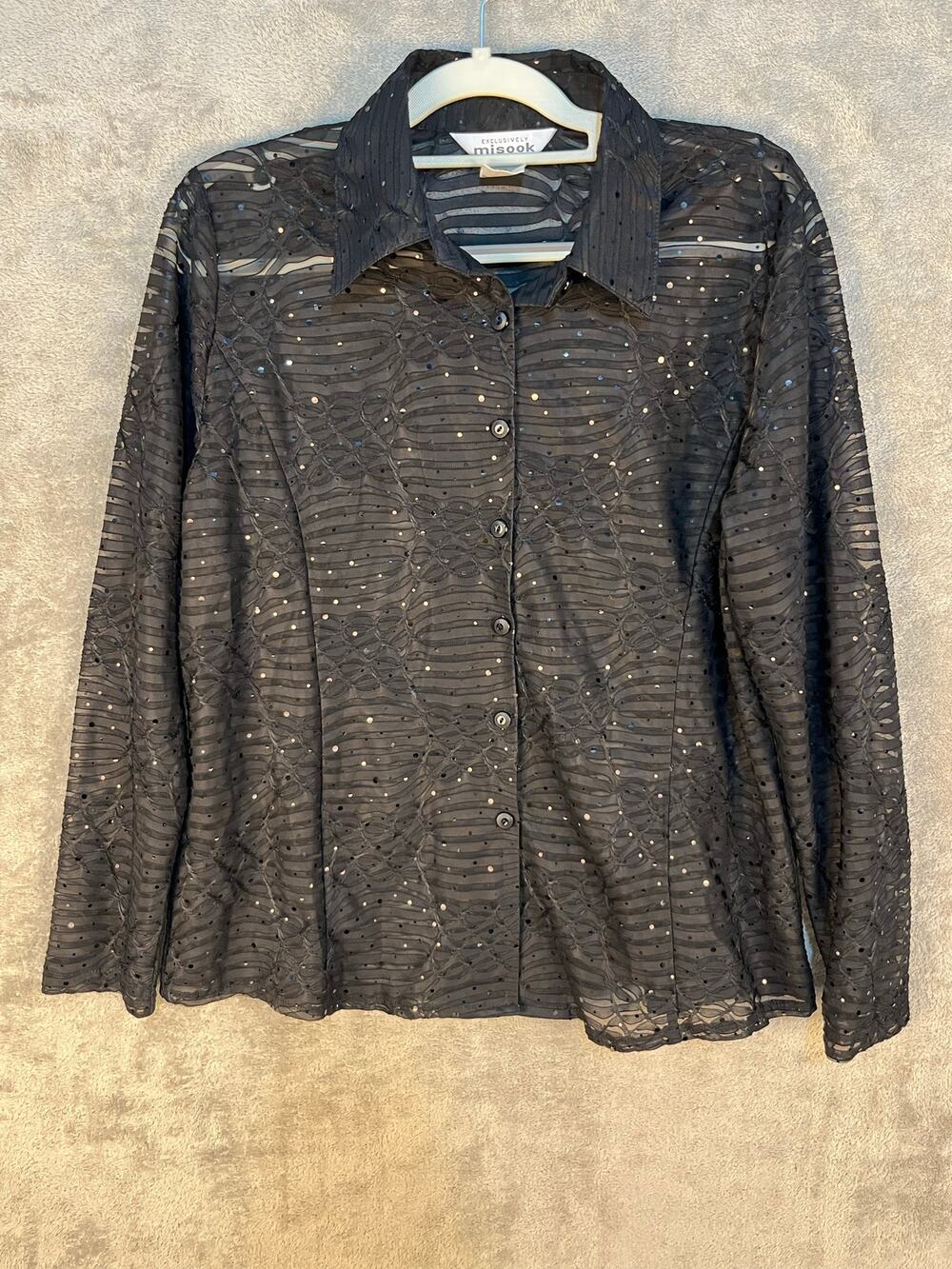 Misook Blouse XL Black Sheer Sequined Bling Textured Office Siren Whimsygoth